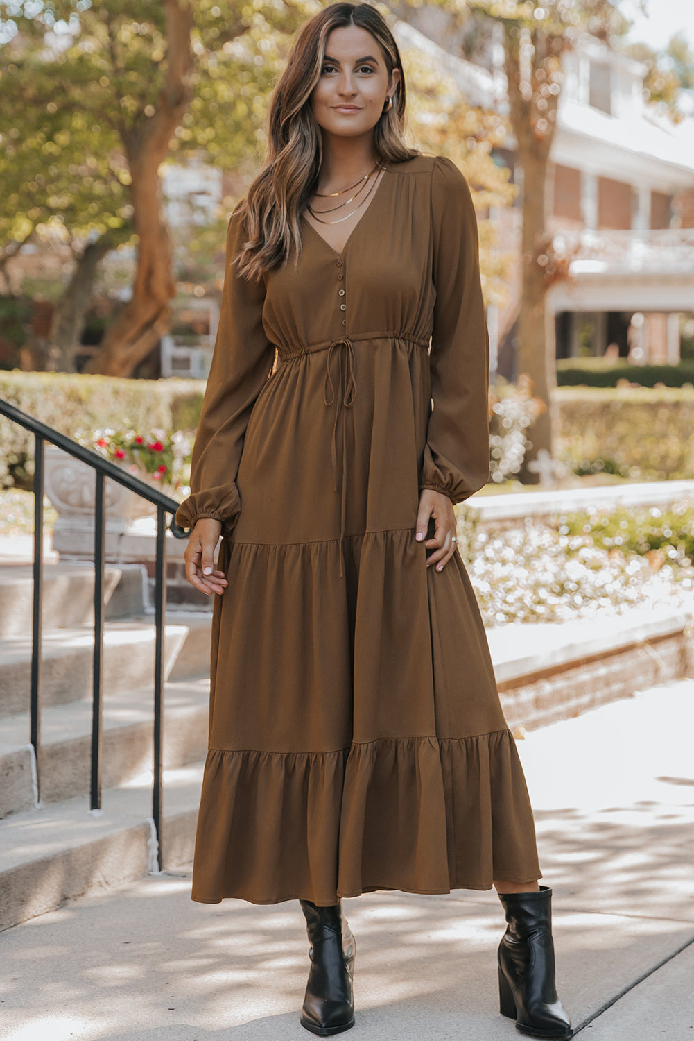 Chestnut Solid Long Sleeve Button V Neck Tiered Maxi Dress