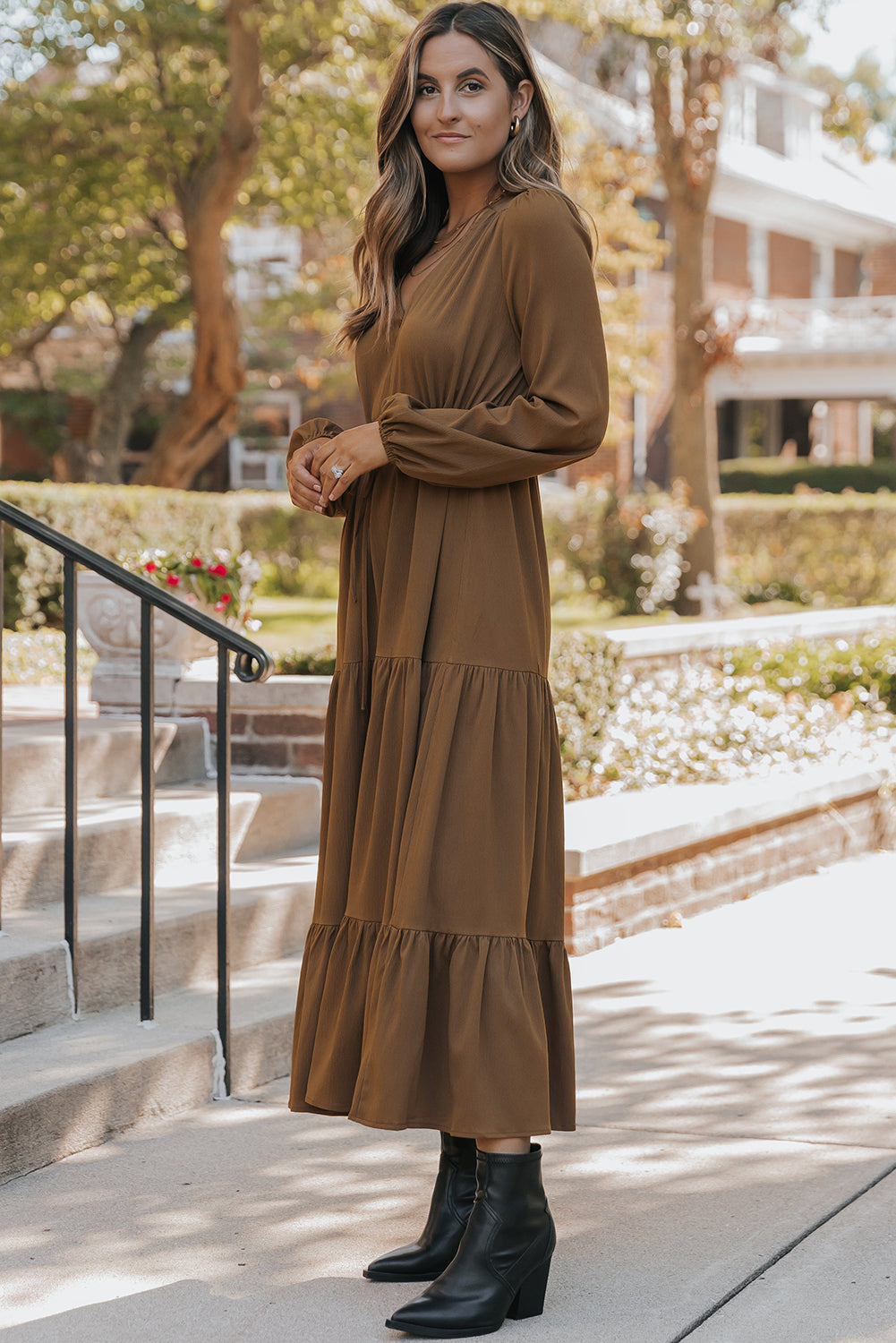 Chestnut Solid Long Sleeve Button V Neck Tiered Maxi Dress