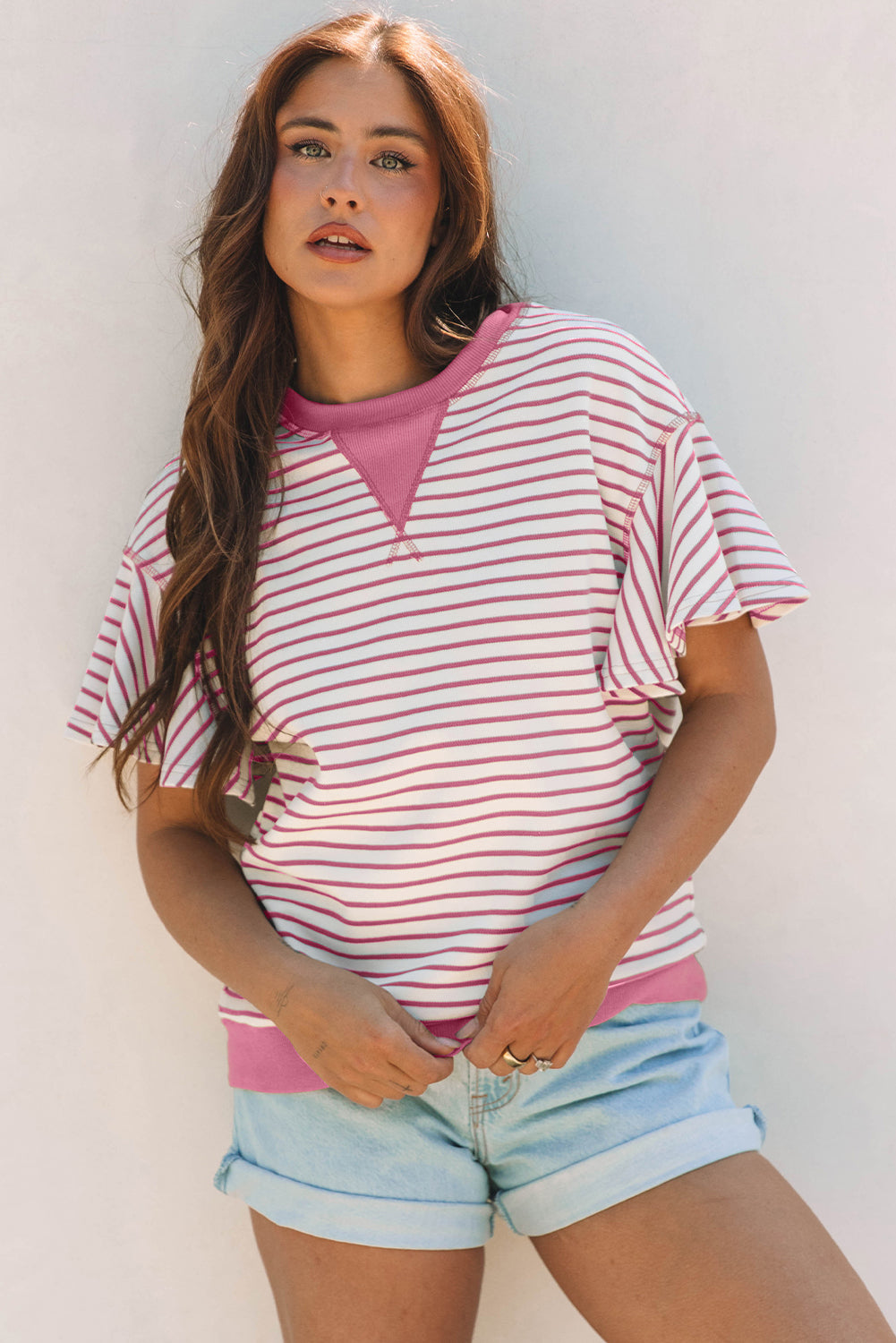 Sachet Pink Contrast Detail Striped Ruffle Short Sleeve Top