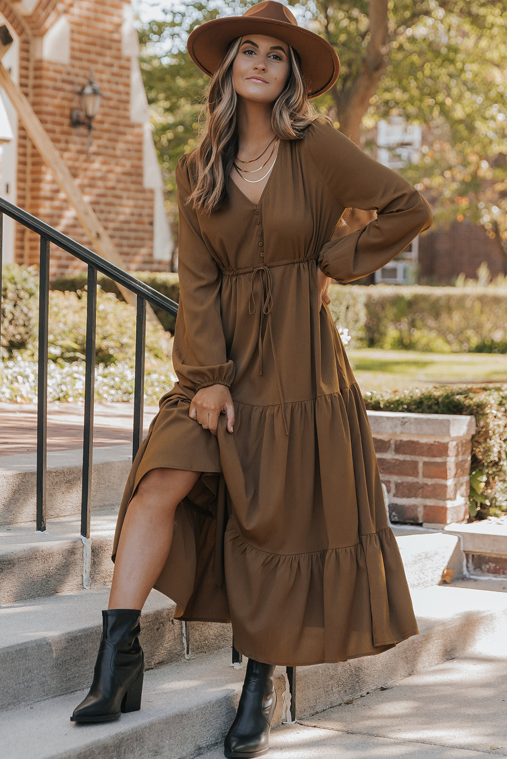 Chestnut Solid Long Sleeve Button V Neck Tiered Maxi Dress