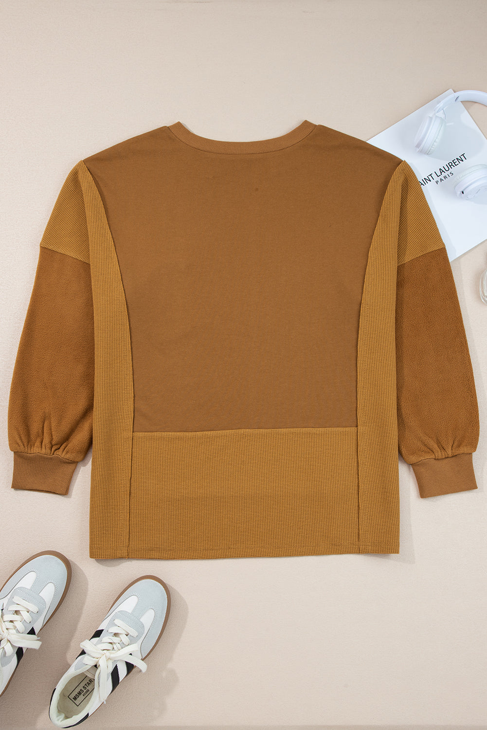 Multicolor Oversized Mixed Textured Split Neck High Low Patchwork Sweatshirt