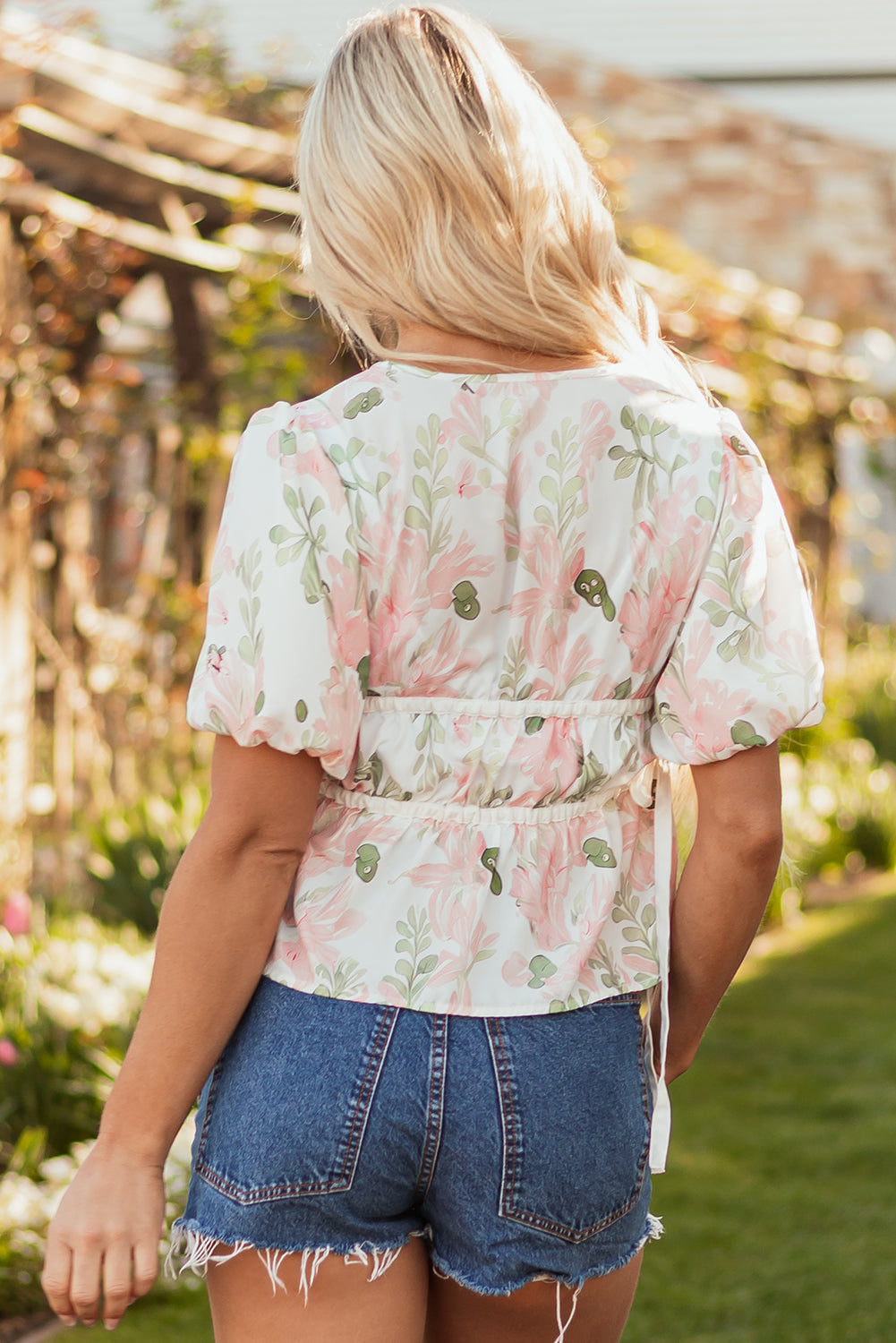 Pink Floral Puff Sleeve V Neck Tied Front Peplum Blouse