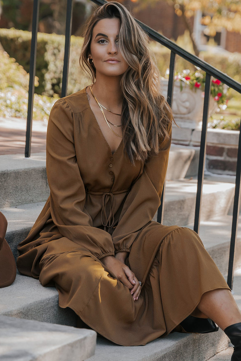 Chestnut Solid Long Sleeve Button V Neck Tiered Maxi Dress