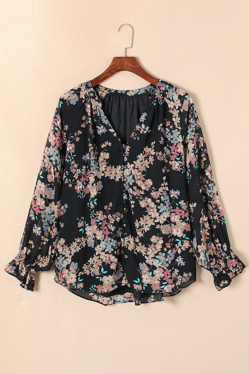 Black Wildflower Print Chiffon Blouse