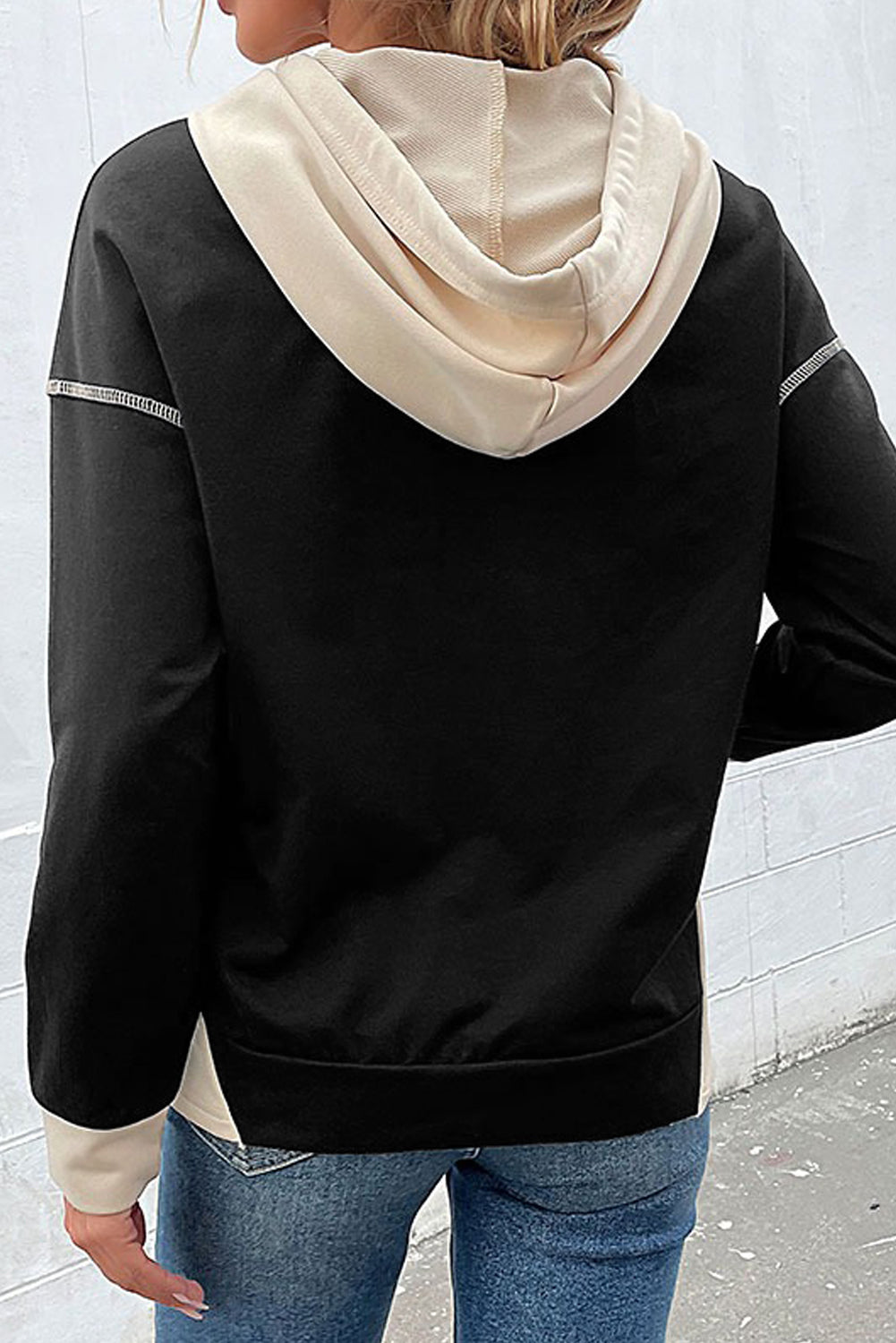 Black Contrast Seam Color Block Hooded Sweatshirt