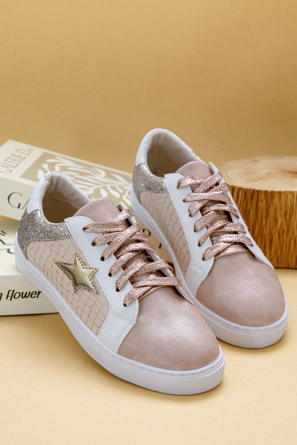 Gold Glitter Star Patchwork PU Leather Lace-up Sneakers