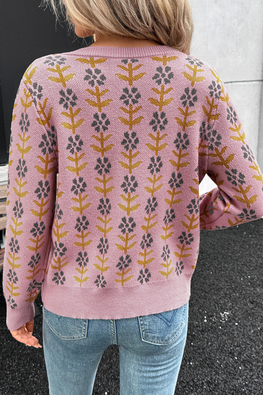 Pink Floral Button Down Ribbed Banded Cardigan Sweater