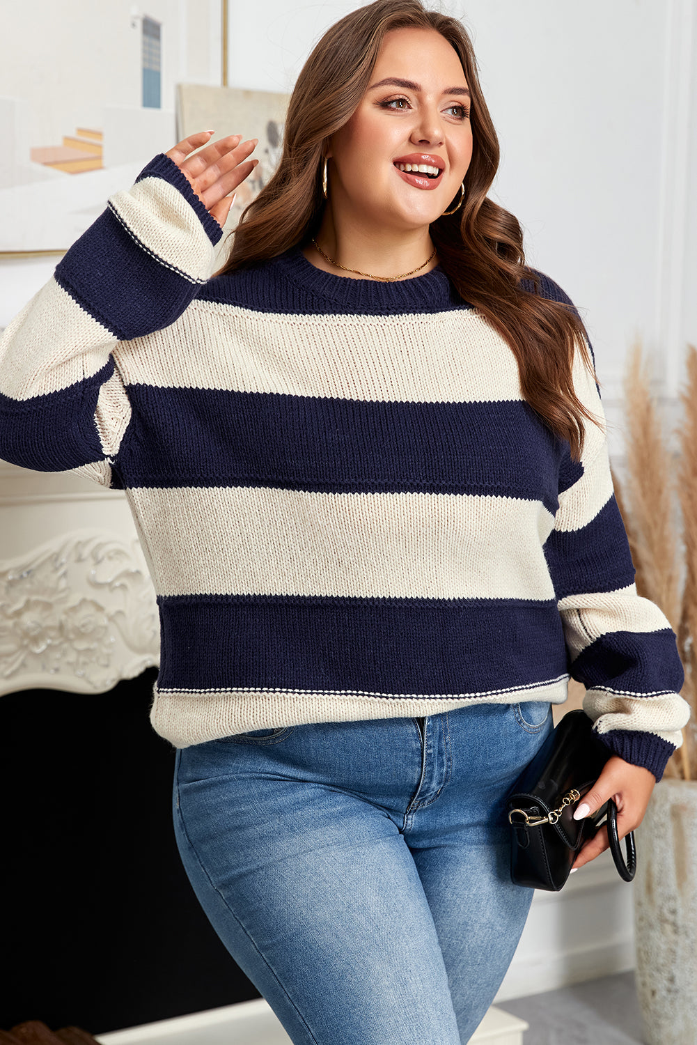 Blue Stripe Color Block PLus Size Drop Shoulder Sweater