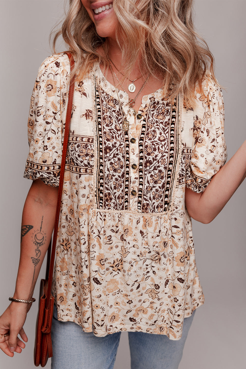 Khaki Boho Floral Print Half Placket Short Sleeve Loose Blouse