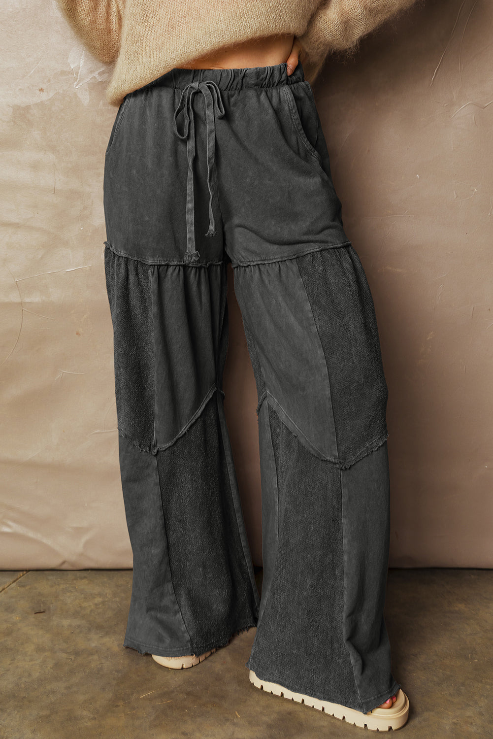 Black Mineral Wash Tiered Wide Leg Patchwork Drawstring Pants