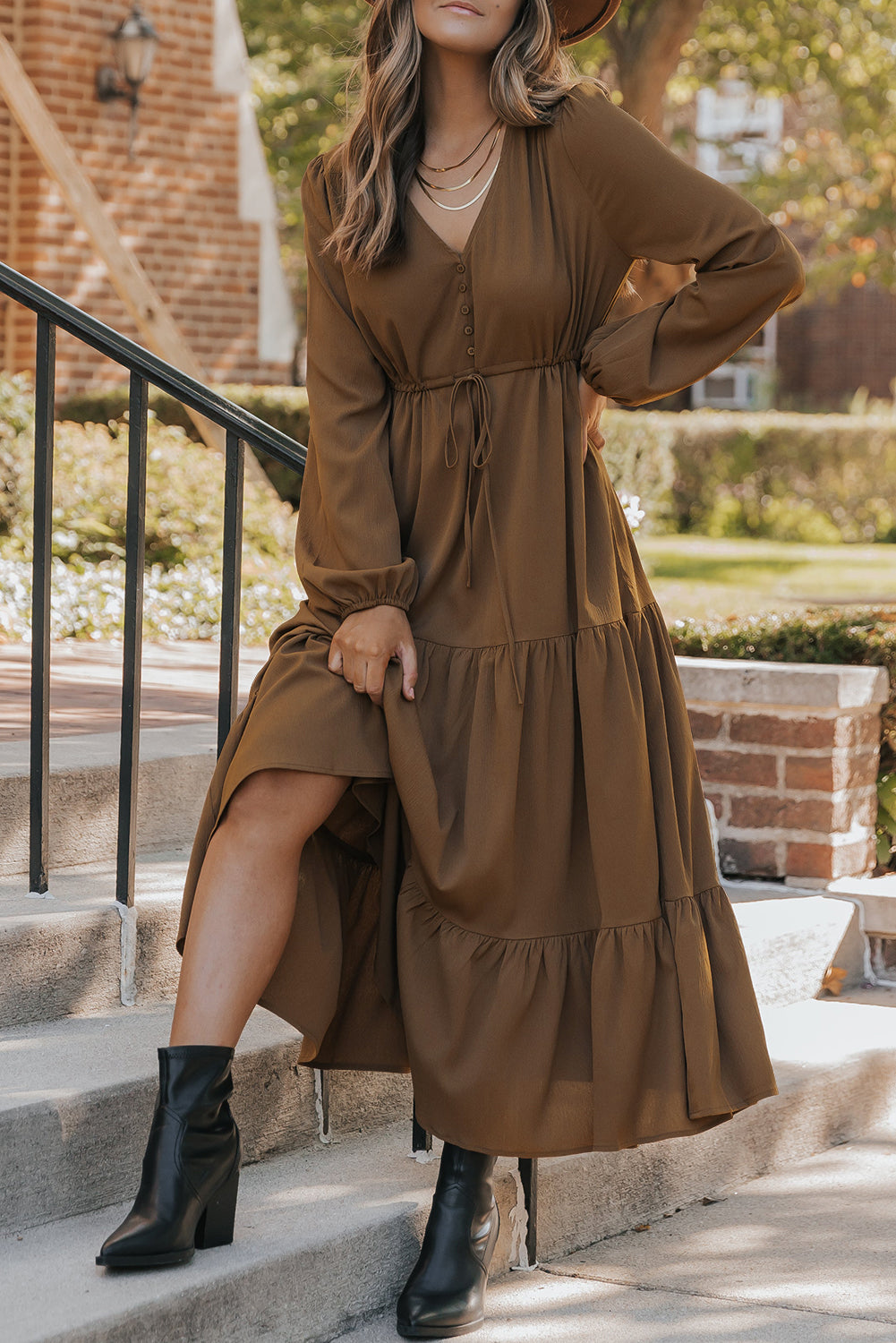 Chestnut Solid Long Sleeve Button V Neck Tiered Maxi Dress