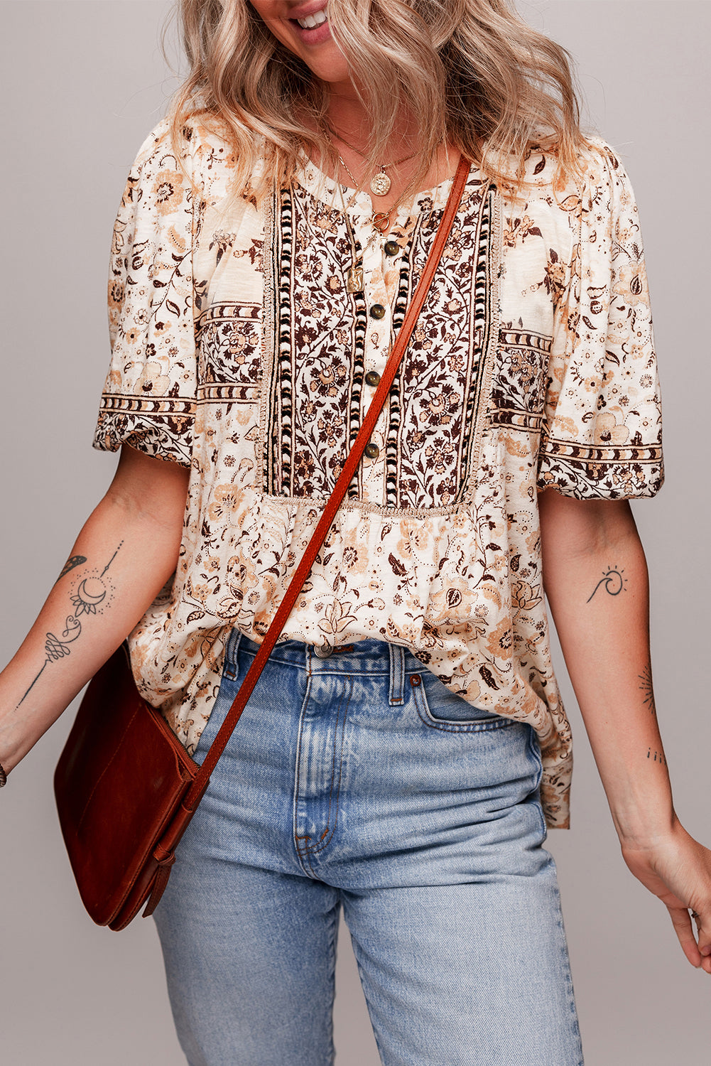 Khaki Boho Floral Print Half Placket Short Sleeve Loose Blouse