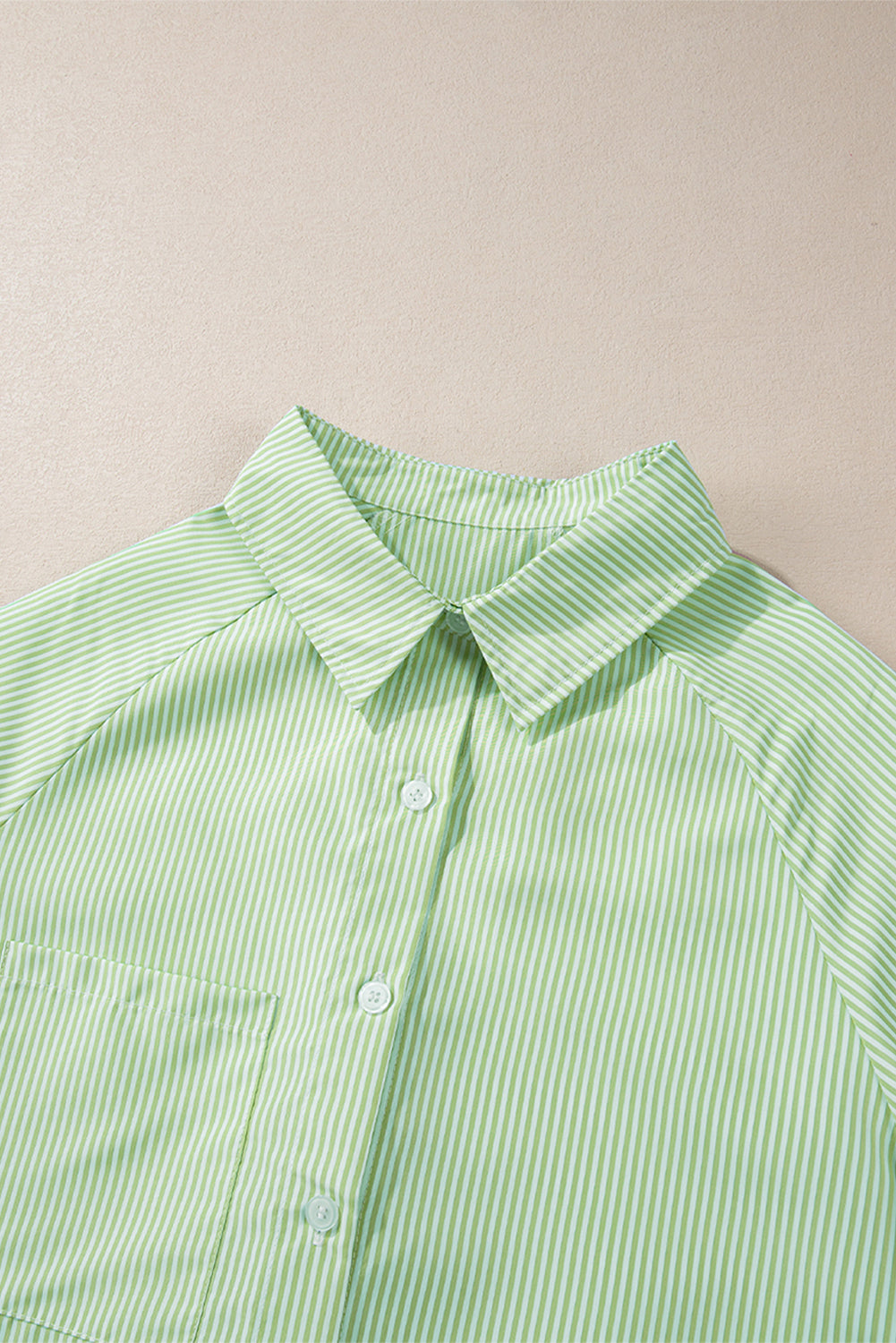 Grass Green Striped Shirred Cuff Buttoned Loose Fit Shirt