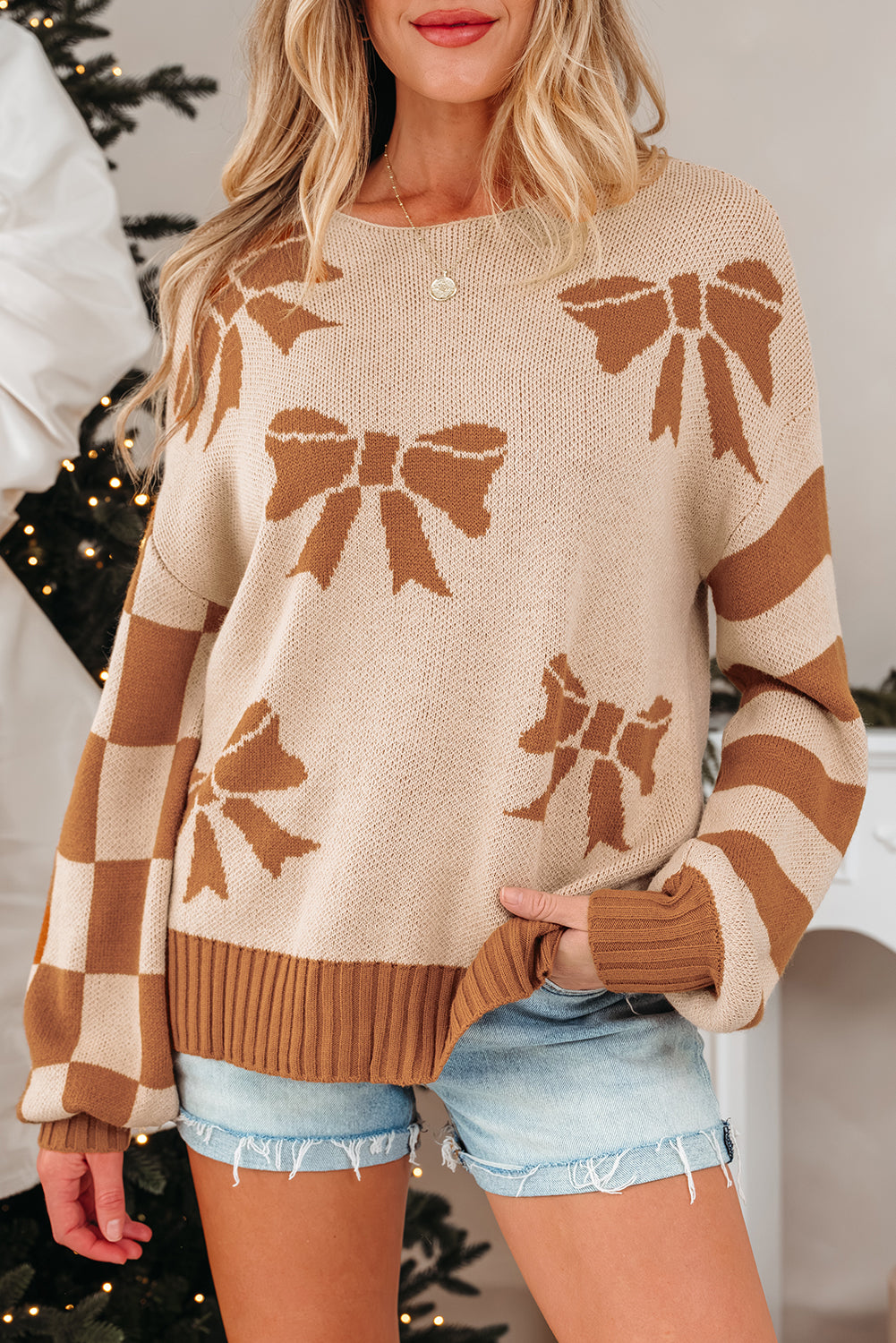 Straw Yellow Ribbon Bow Print Checkered Striped Sleeve Drop Shoulder Sweater