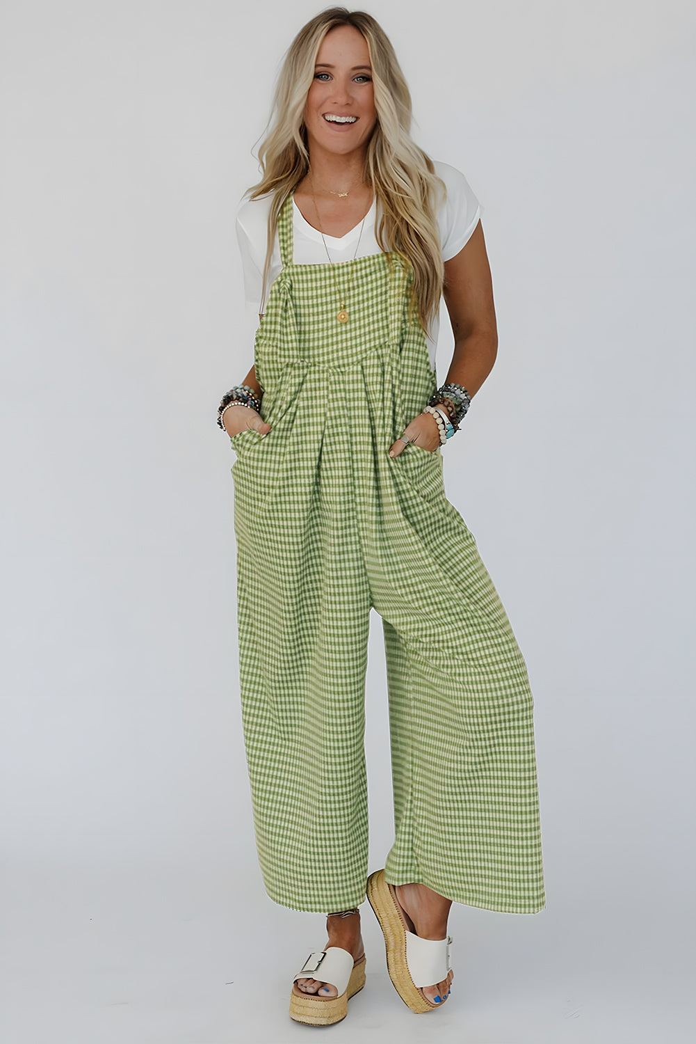 Green Gingham Wide Leg Loose Overall with Pockets