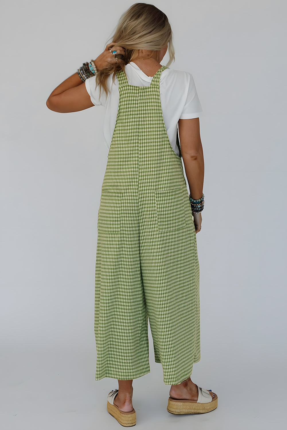 Green Gingham Wide Leg Loose Overall with Pockets