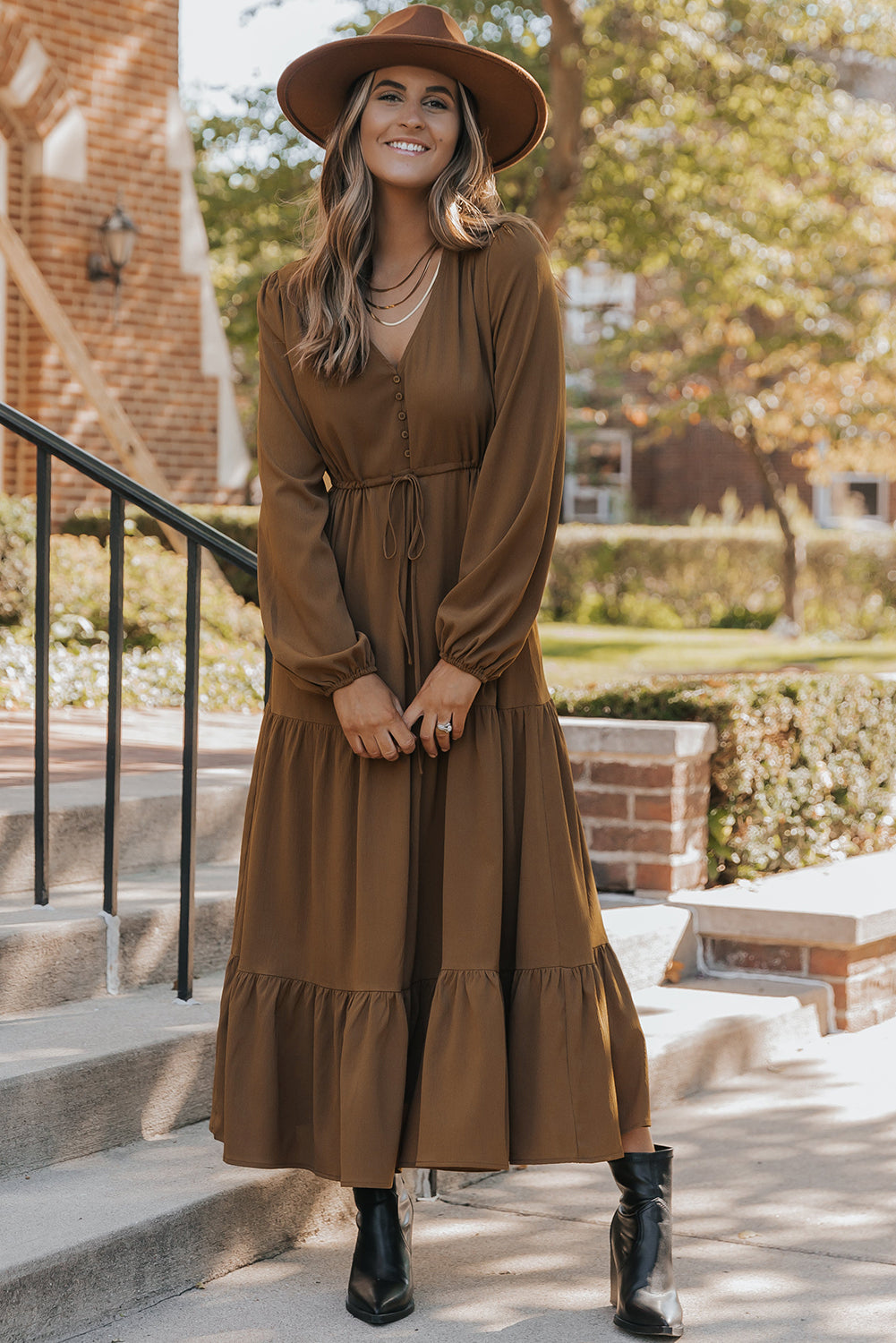 Chestnut Solid Long Sleeve Button V Neck Tiered Maxi Dress