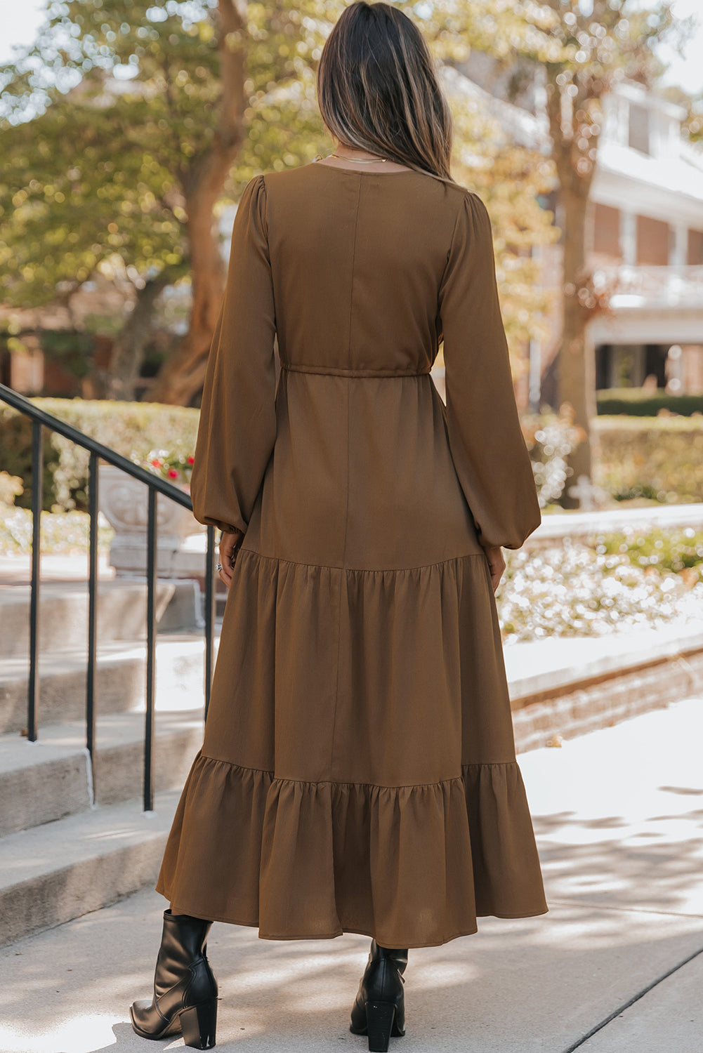 Chestnut Solid Long Sleeve Button V Neck Tiered Maxi Dress