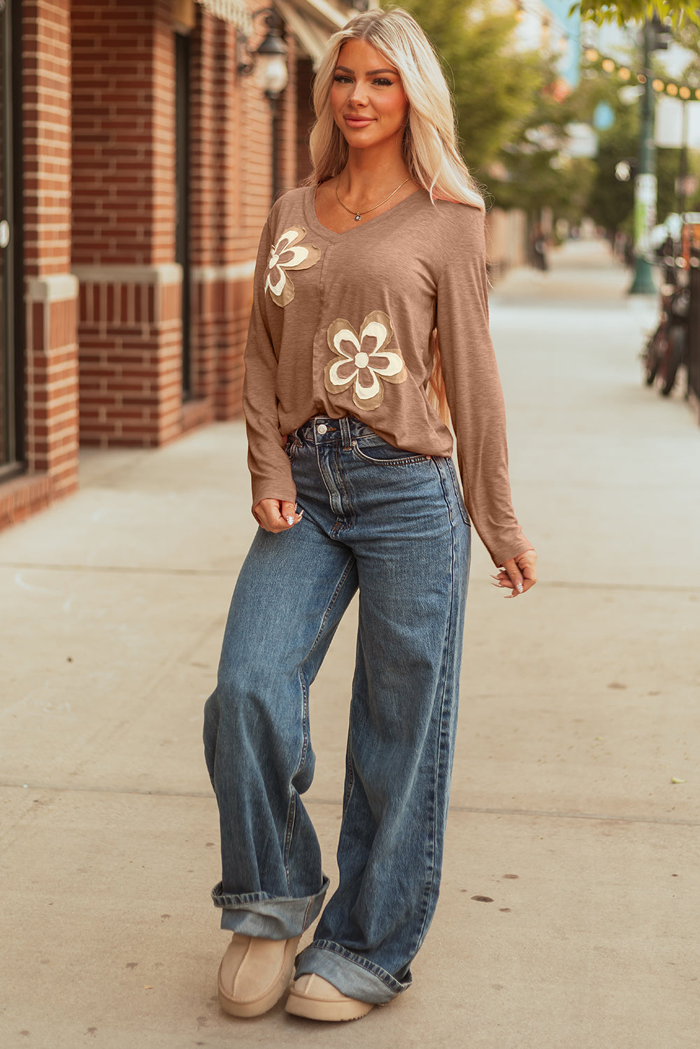 Straw Yellow Floral Patchwork V Neck Long Sleeve T Shirt
