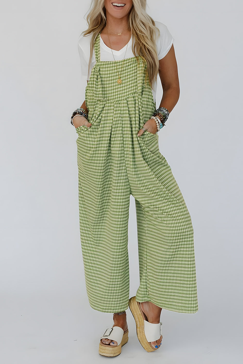 Green Gingham Wide Leg Loose Overall with Pockets