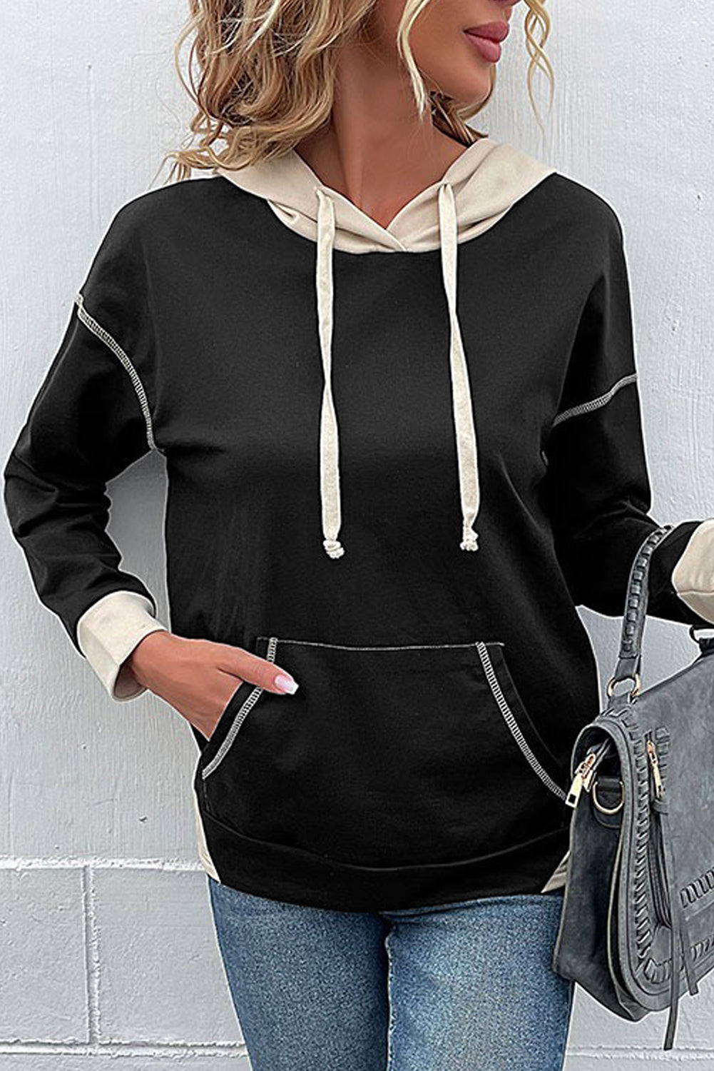 Black Contrast Seam Color Block Hooded Sweatshirt