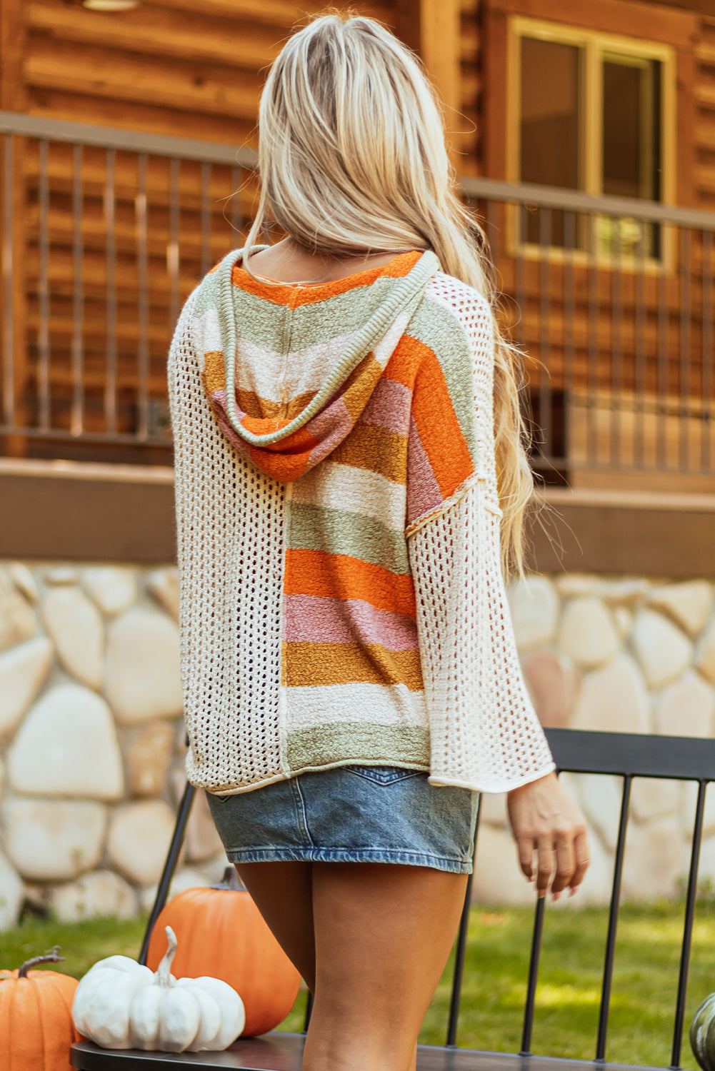 DEAR-LOVER Beige Oversized Colorblock V Neck Hooded Sweater