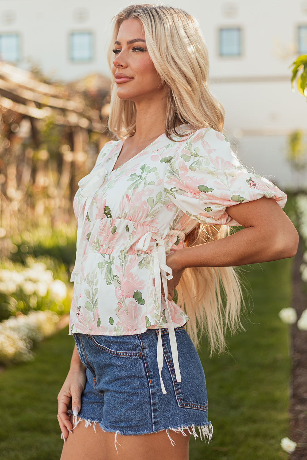 Pink Floral Puff Sleeve V Neck Tied Front Peplum Blouse