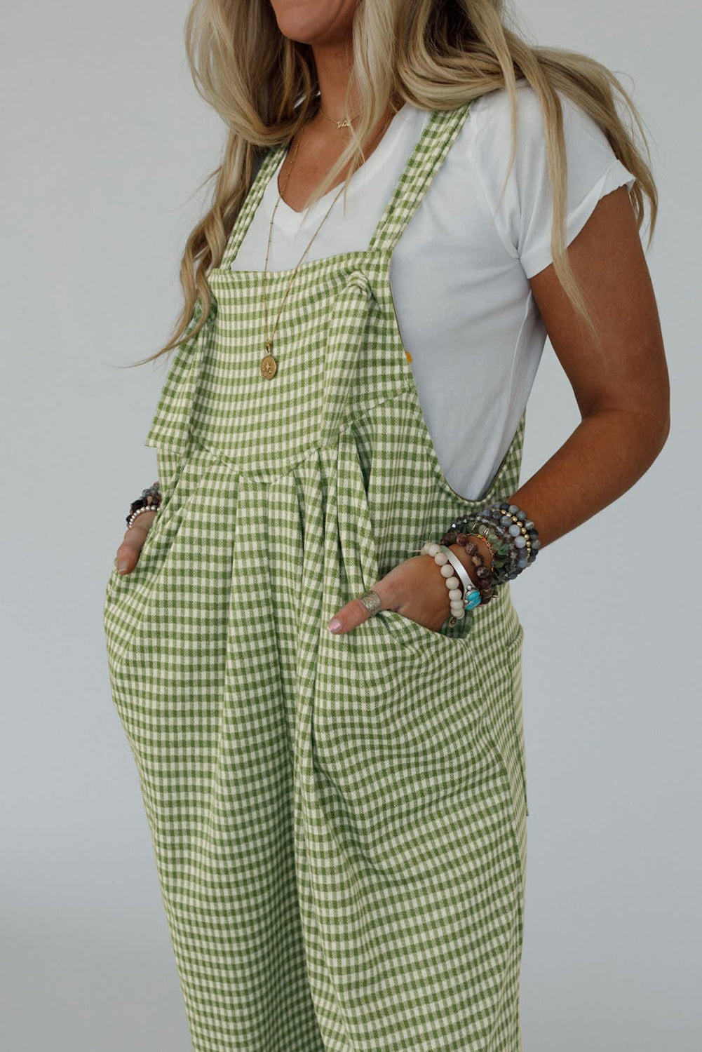 Green Gingham Wide Leg Loose Overall with Pockets