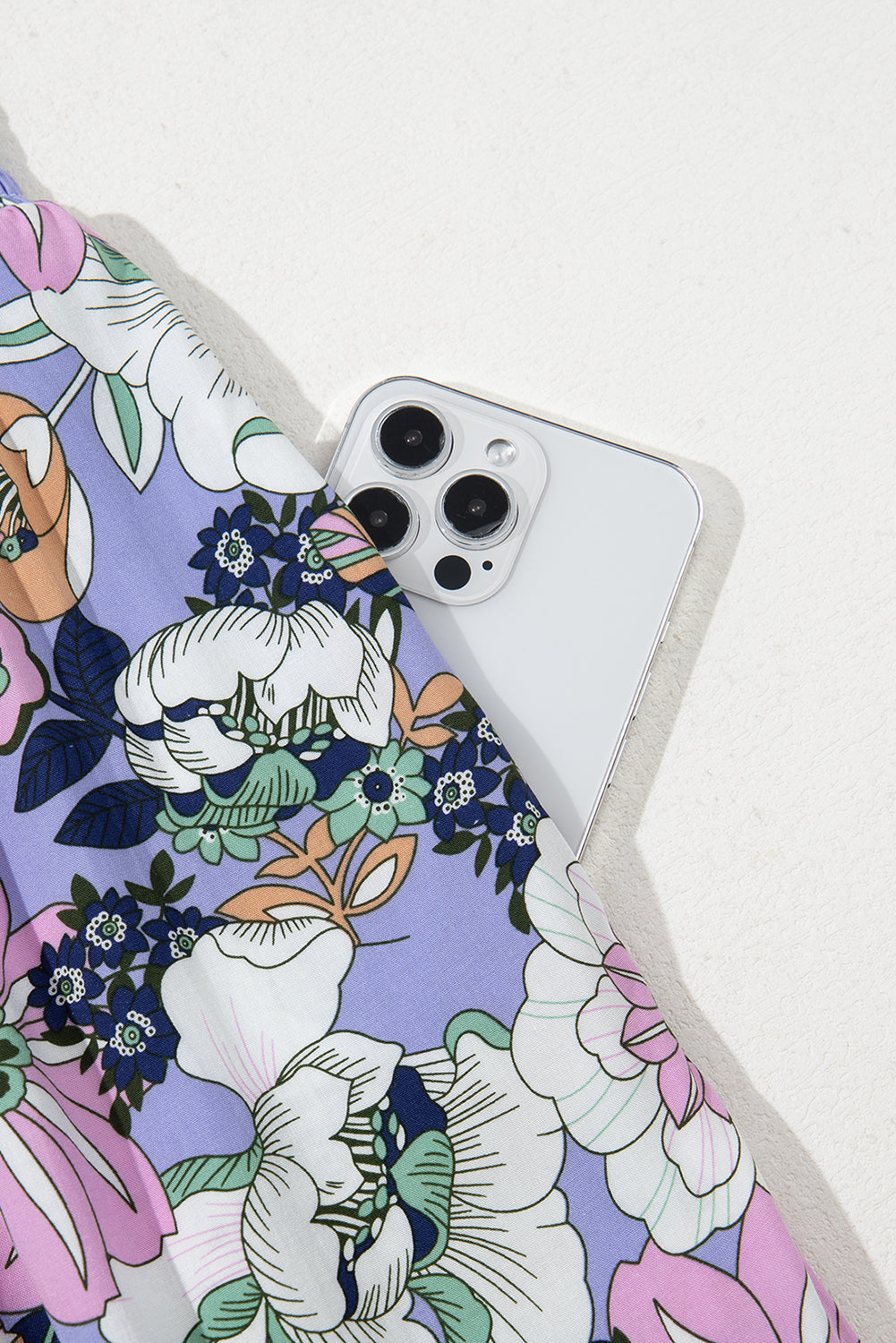 Purple Floral Print Smocked High Waist Square Neck Jumpsuit