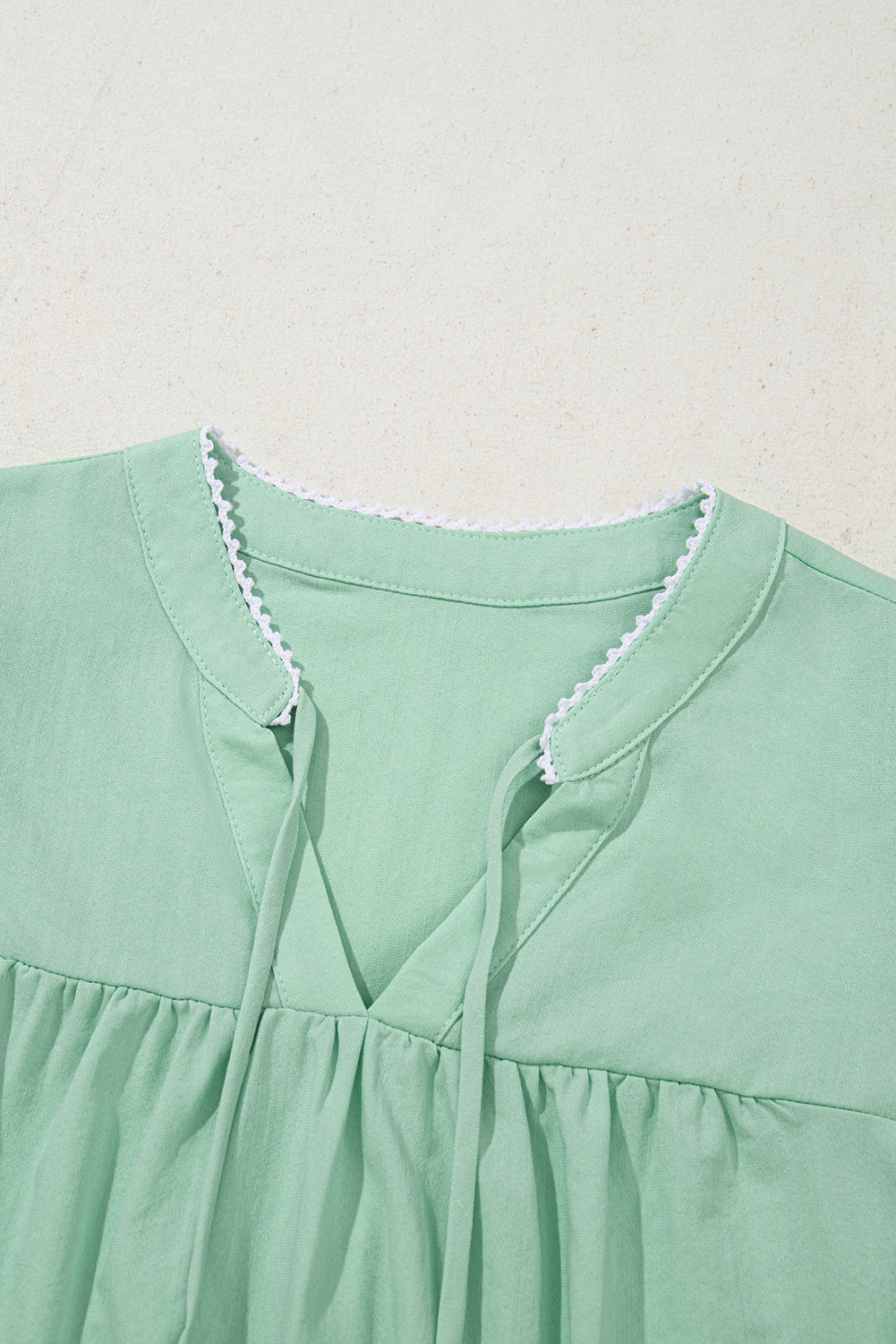 Clearly Aqua Floral Embroidered Puff Sleeve Split Neck Blouse