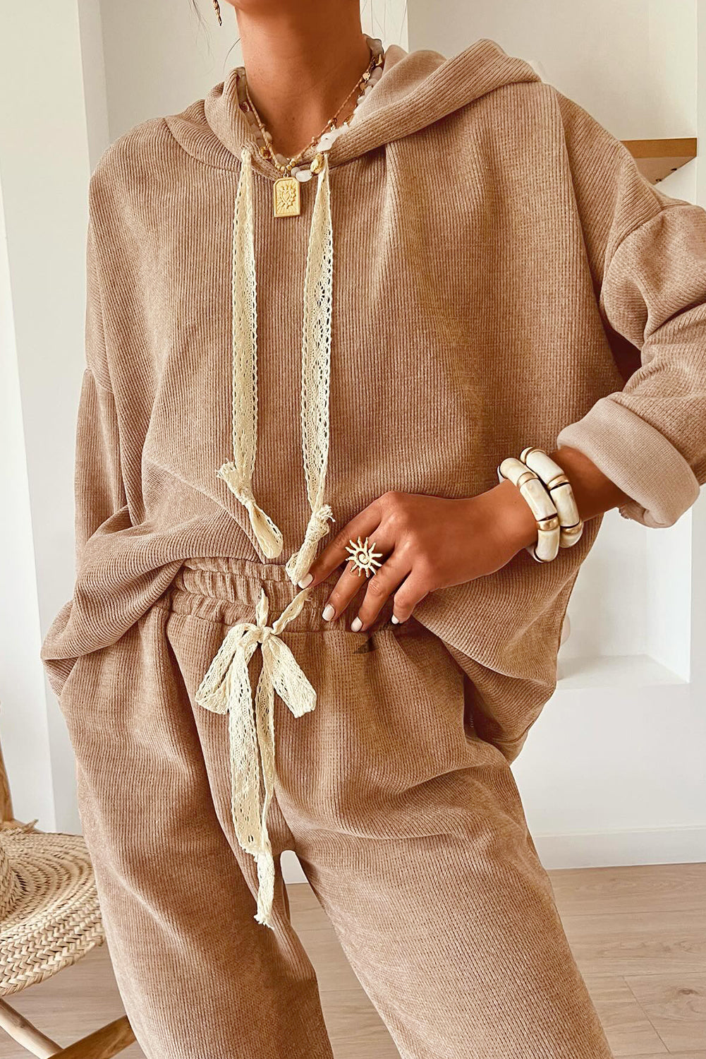 Casual Lace Drawstring Pullover Hoodie and High Waist Pants Corduroy Suit