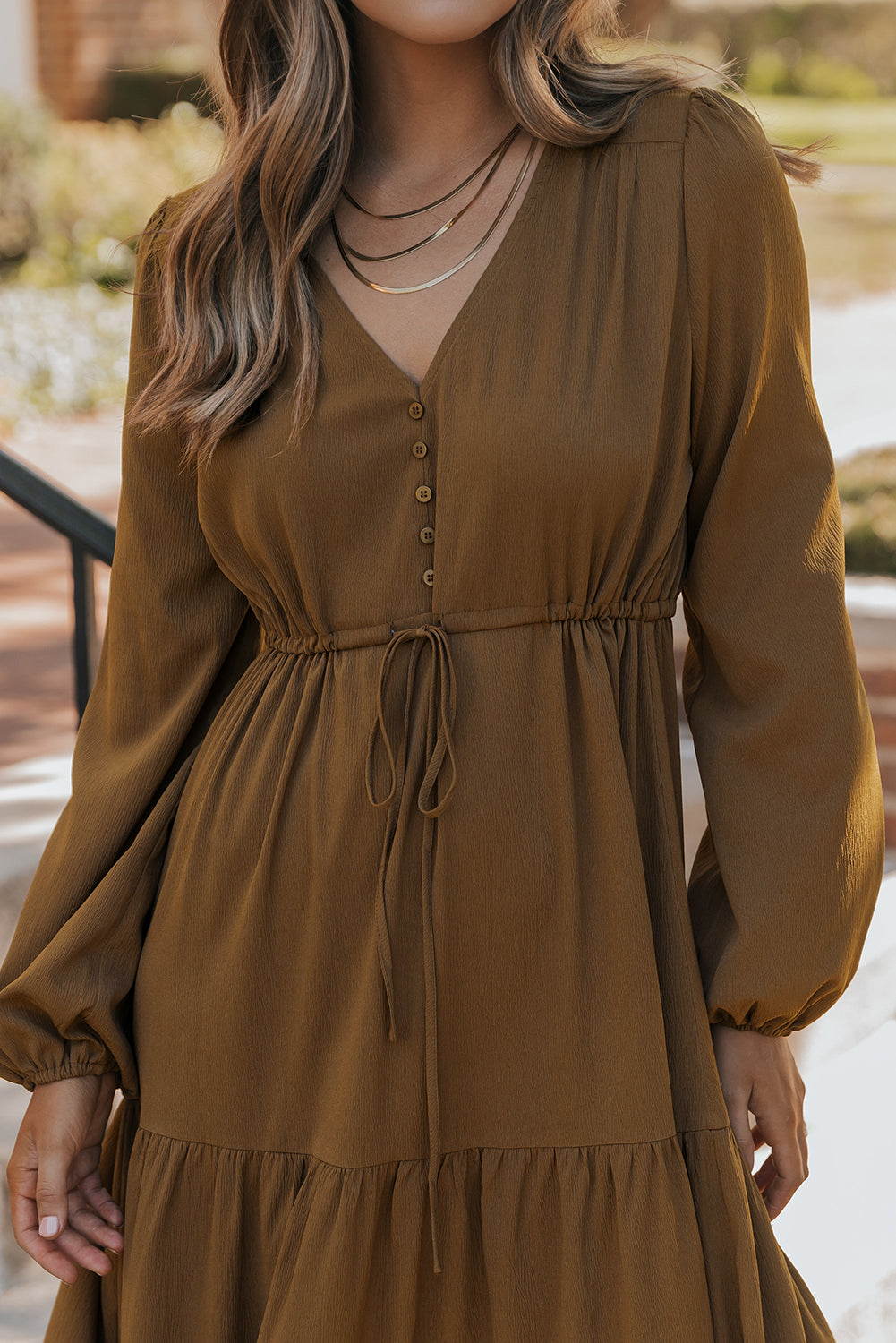 Chestnut Solid Long Sleeve Button V Neck Tiered Maxi Dress